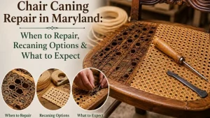 Chair caning repair in Maryland showing a damaged cane chair, recaning materials, and the repair process.