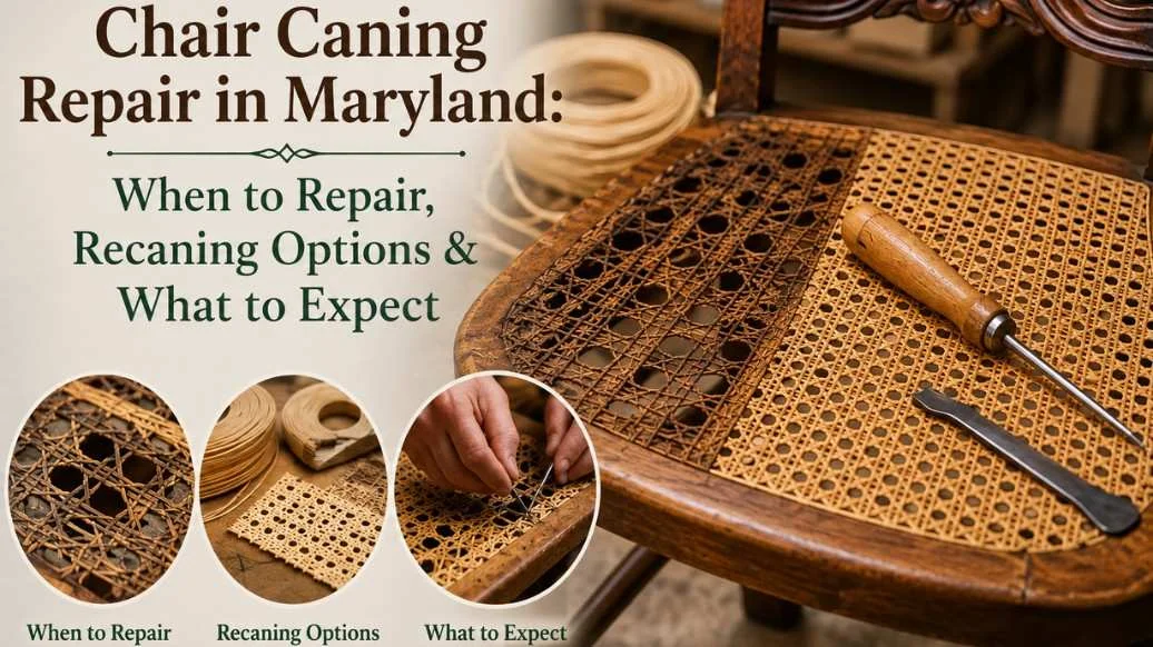 Chair caning repair in Maryland showing a damaged cane chair, recaning materials, and the repair process.